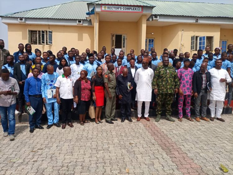 Registrar, Computer Professionals Registration Council of Nigeria (CPN), Mr Muhammed Bello Aliyu (5th R) Nigeria Computer Society, Benue State chapter Chairman, Dr Simon Yange (3rd L), Head of Department, NACEST, Nwafor Chidinma (6th L) in a group photograph with staff and students of the Department of Computer Science, Nigerian Army College of Environment, Science and Technology (NACEST), Makurdi, Benue State.