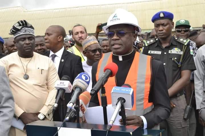 Governor of Benue State, Rev Fr Alia, speaks during flag-off of construction of 16 township roads in Makurdi.