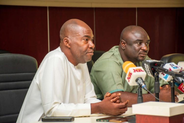 Chief of Staff to the Governor of Benue State, Rt. Hon. Paul Biam (left) with the Chief Press Secretary to the Governor, Sir Tersoo Kula during a press briefing in the Old Banquet Hall of Government House Makurdi.